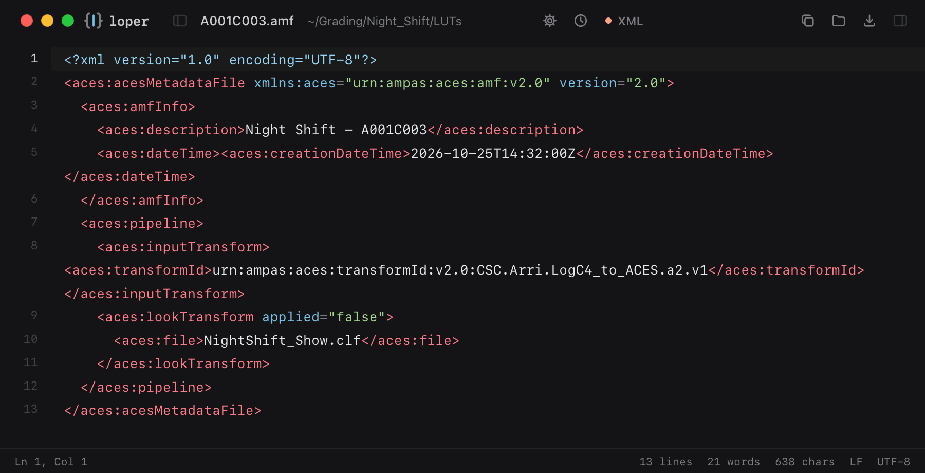 A001C003.amf opened in Loper: ACES Metadata File (.amf) with color-coded XML