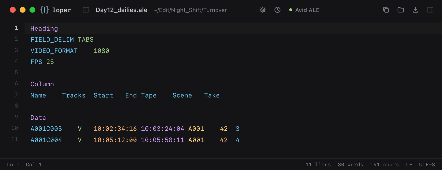 Day12_dailies.ale opened in Loper: Avid Log Exchange (ALE) with color-coded Avid ALE