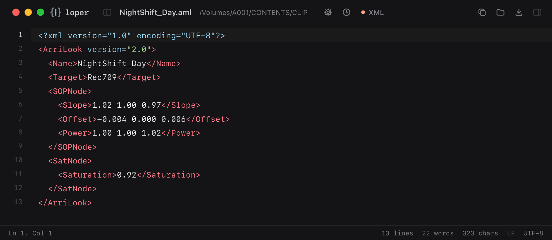 NightShift_Day.aml opened in Loper: ARRI look file (.aml) with color-coded XML