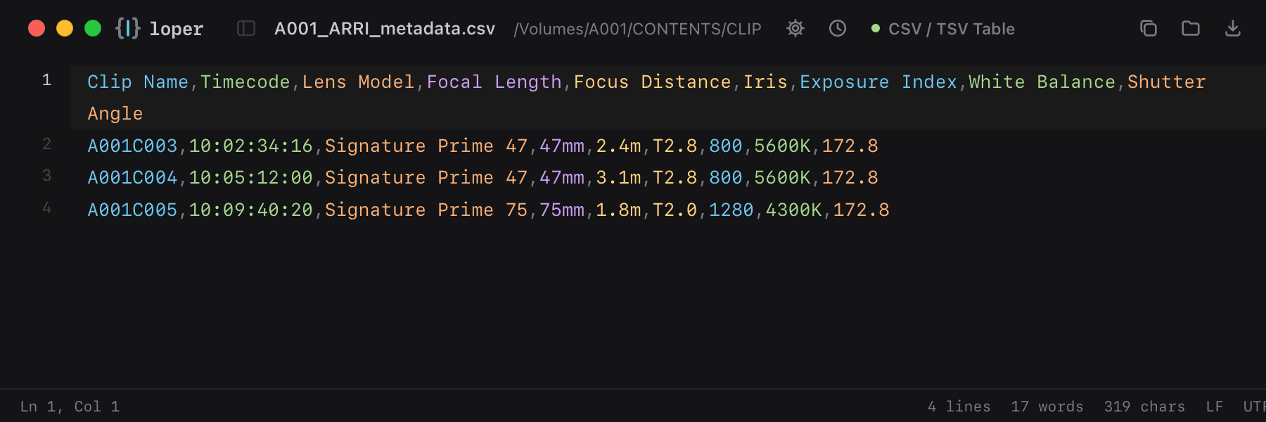 A001_ARRI_metadata.csv opened in Loper: ARRI metadata export (CSV) with color-coded CSV / TSV Table