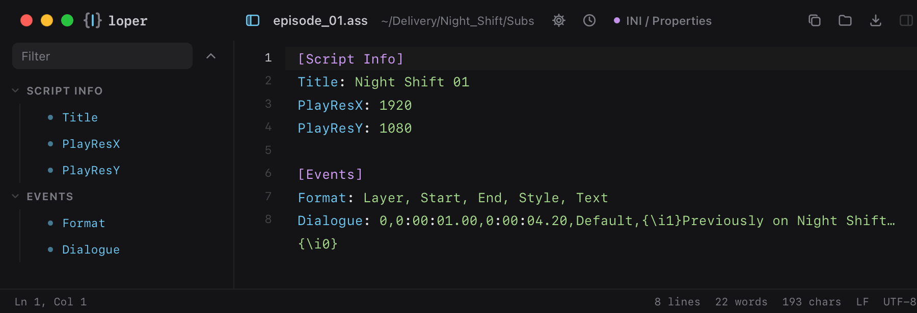 episode_01.ass opened in Loper: Advanced SubStation Alpha with color-coded INI / Properties