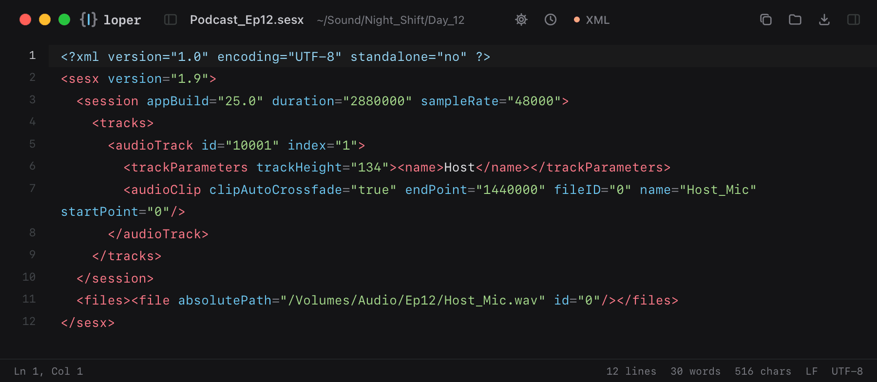 Podcast_Ep12.sesx opened in Loper: Adobe Audition session (.sesx) with color-coded XML