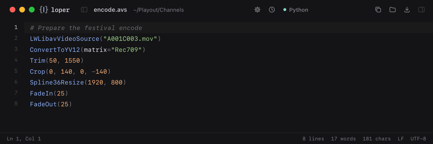 encode.avs opened in Loper: AviSynth script (.avs) with color-coded Python