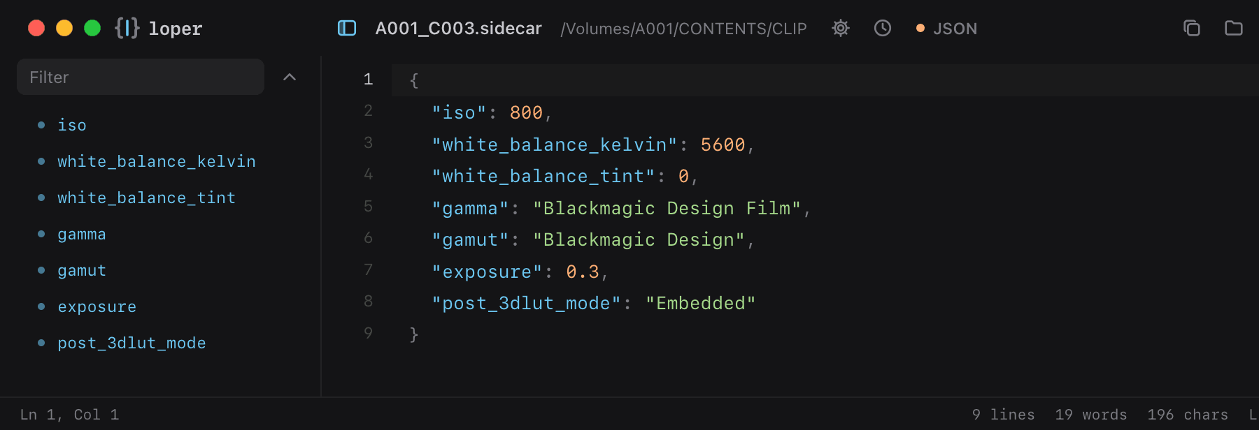 A001_C003.sidecar opened in Loper: Blackmagic RAW sidecar with color-coded JSON