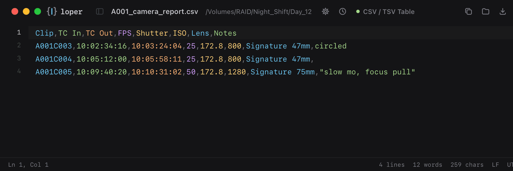 A001_camera_report.csv opened in Loper: Camera & DIT reports (CSV) with color-coded CSV / TSV Table
