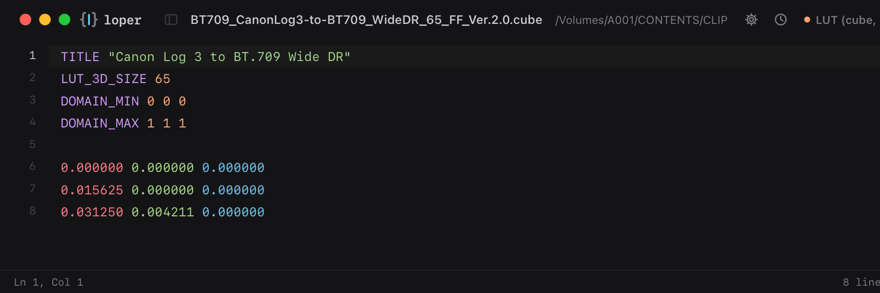 BT709_CanonLog3-to-BT709_WideDR_65_FF_Ver.2.0.cube opened in Loper: Canon Log LUT with color-coded LUT (cube, 3dl)