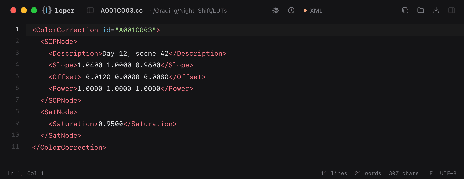 A001C003.cc opened in Loper: ASC CDL (.cdl, .cc, .ccc) with color-coded XML