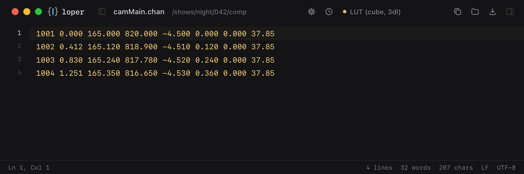 camMain.chan opened in Loper: Camera channel file (.chan) with color-coded LUT (cube, 3dl)