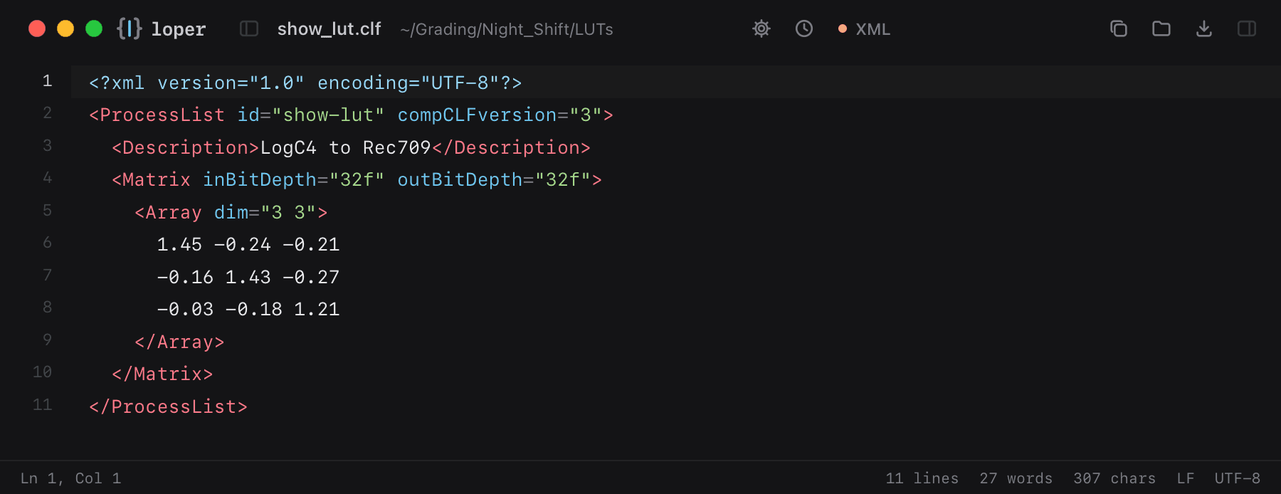 show_lut.clf opened in Loper: Common LUT Format (CLF) with color-coded XML