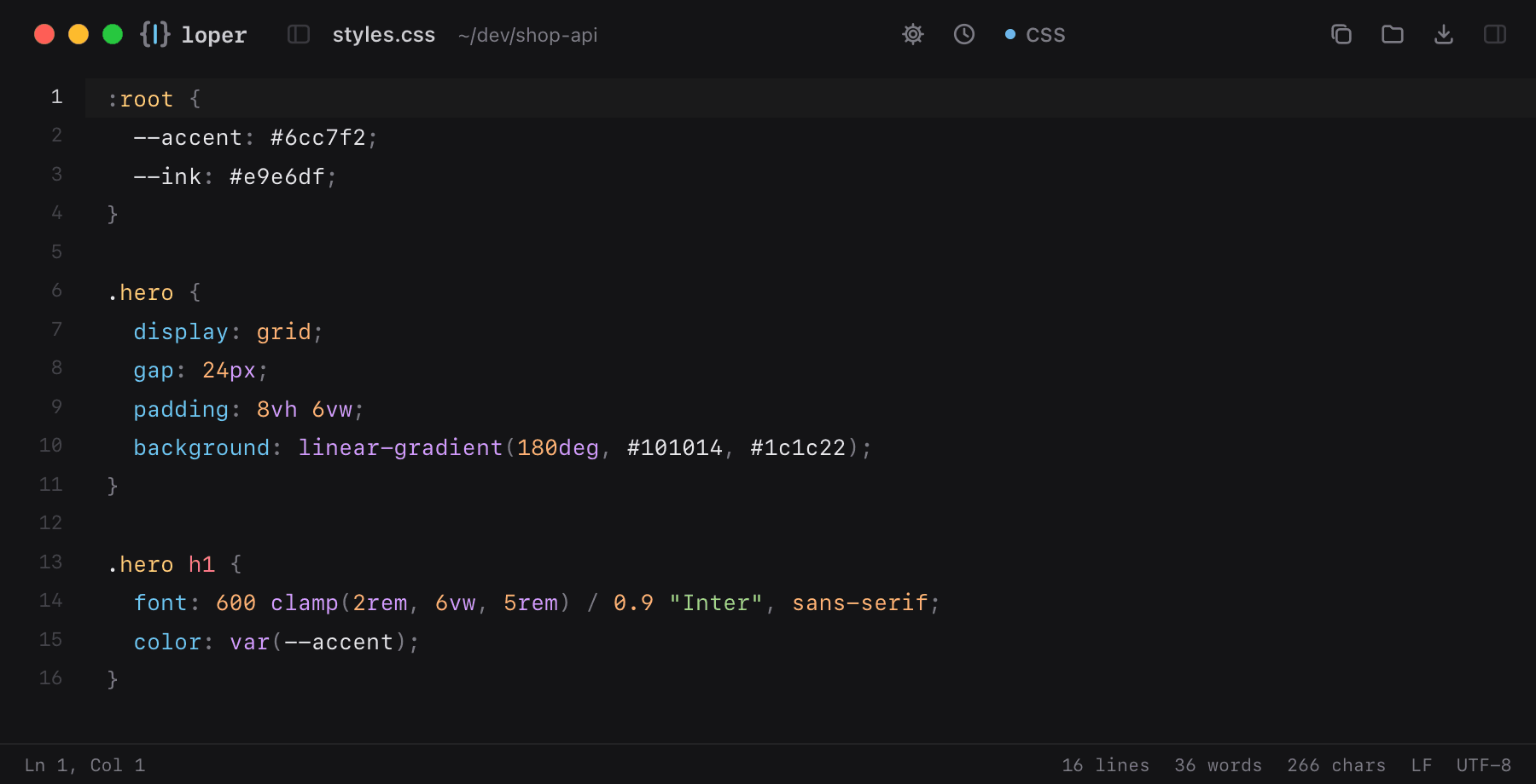 styles.css opened in Loper: CSS and SCSS with color-coded CSS
