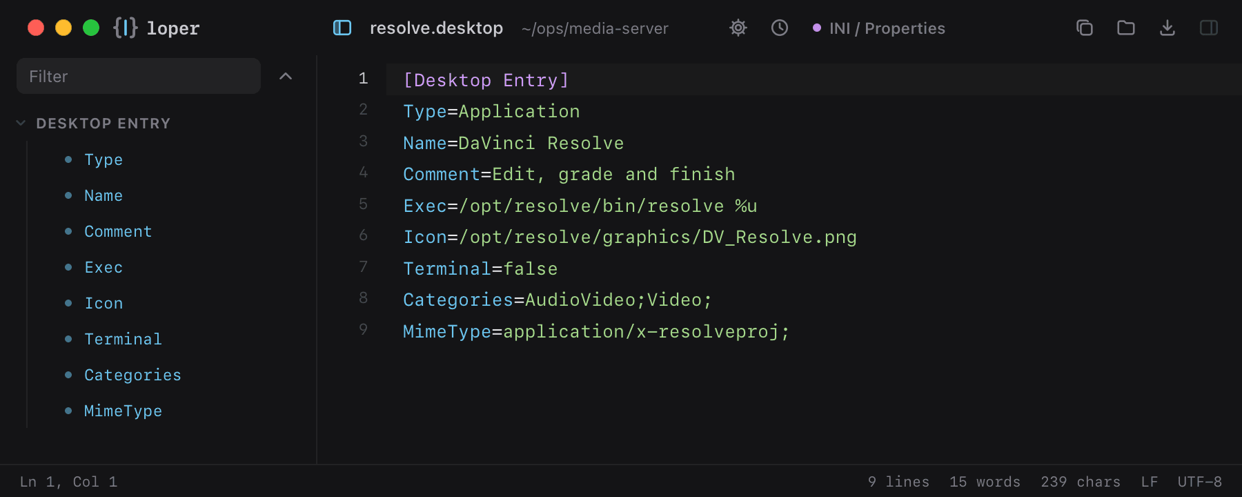 resolve.desktop opened in Loper: Linux desktop entry with color-coded INI / Properties