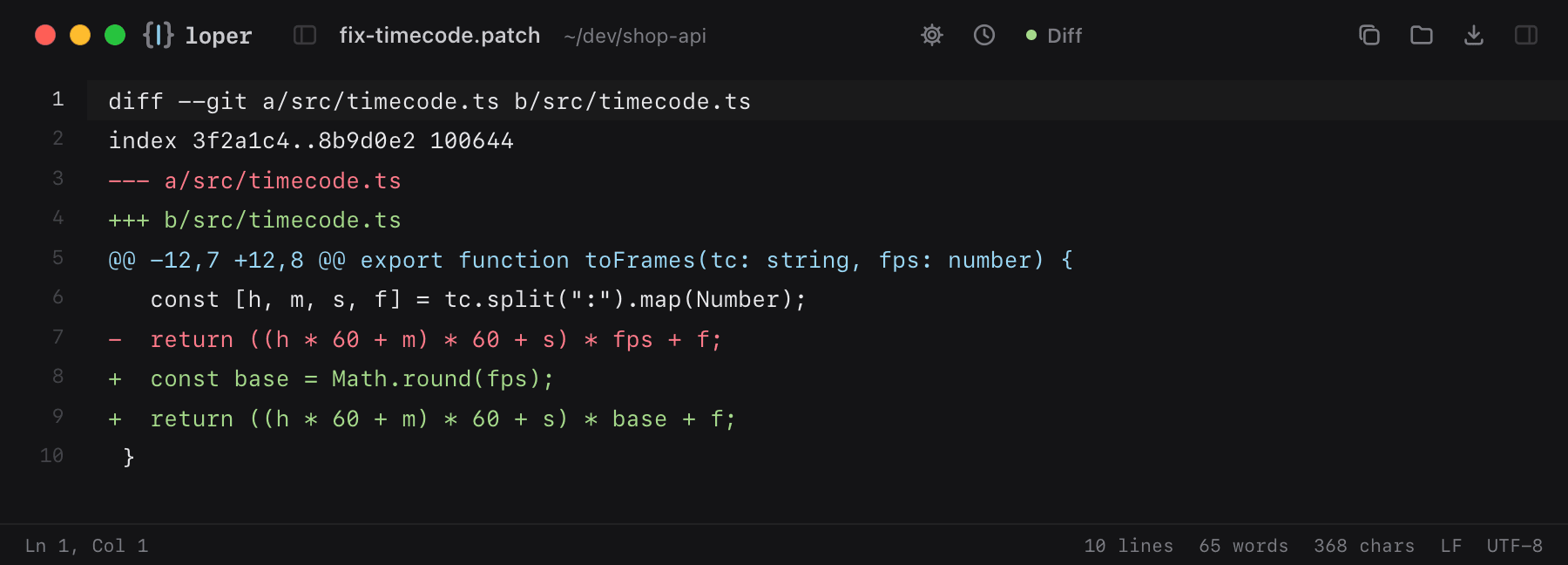 fix-timecode.patch opened in Loper: Diff and patch with color-coded Diff