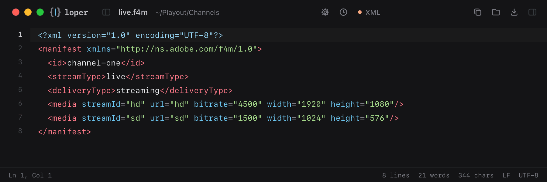 live.f4m opened in Loper: Adobe HDS manifest (.f4m) with color-coded XML