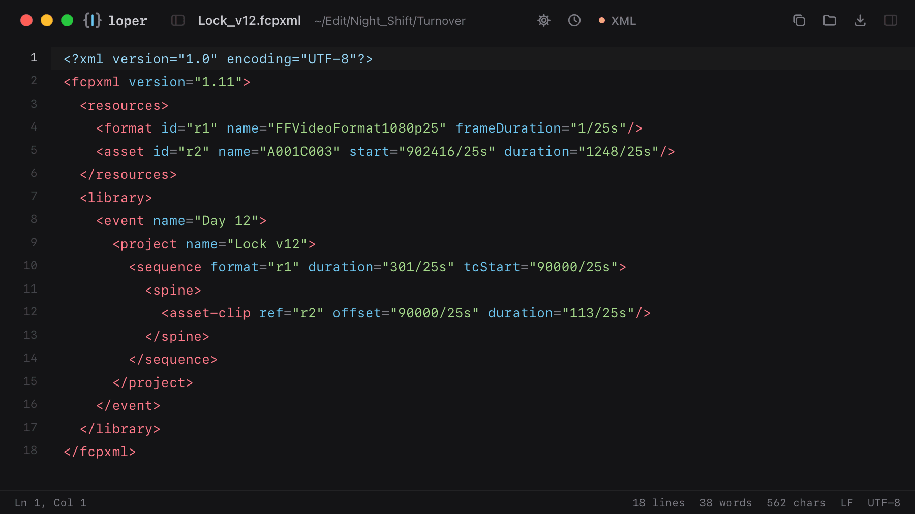 Lock_v12.fcpxml opened in Loper: Final Cut Pro XML (FCPXML) with color-coded XML