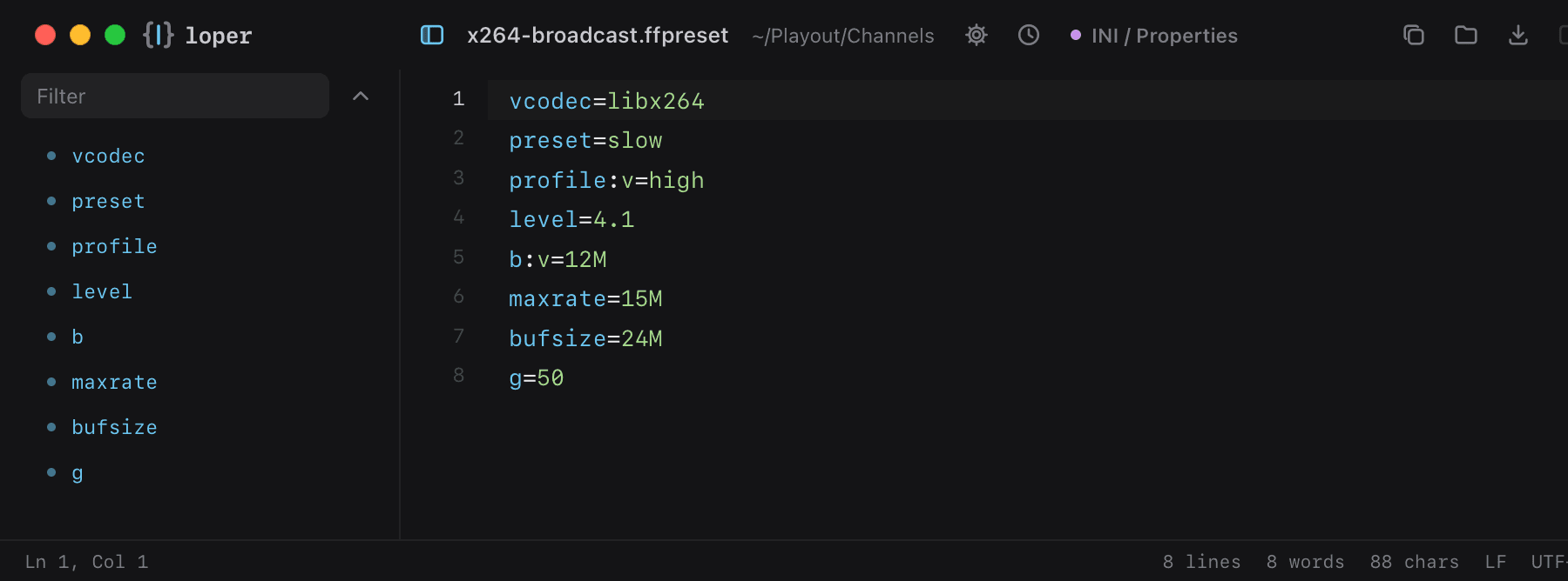 x264-broadcast.ffpreset opened in Loper: FFmpeg presets with color-coded INI / Properties