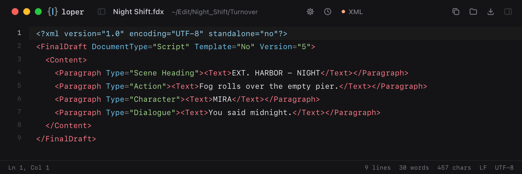 Night Shift.fdx opened in Loper: Final Draft screenplay (.fdx) with color-coded XML