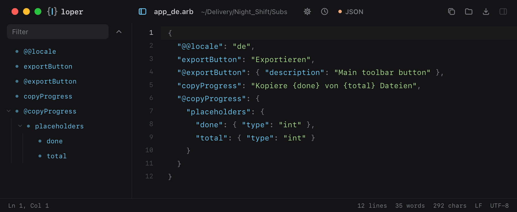 app_de.arb opened in Loper: Flutter translations (.arb) with color-coded JSON
