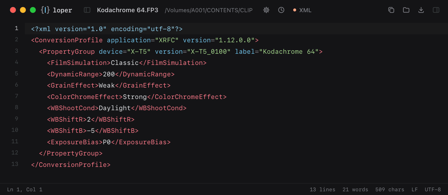 Kodachrome 64.FP3 opened in Loper: Fujifilm film simulation recipe with color-coded XML