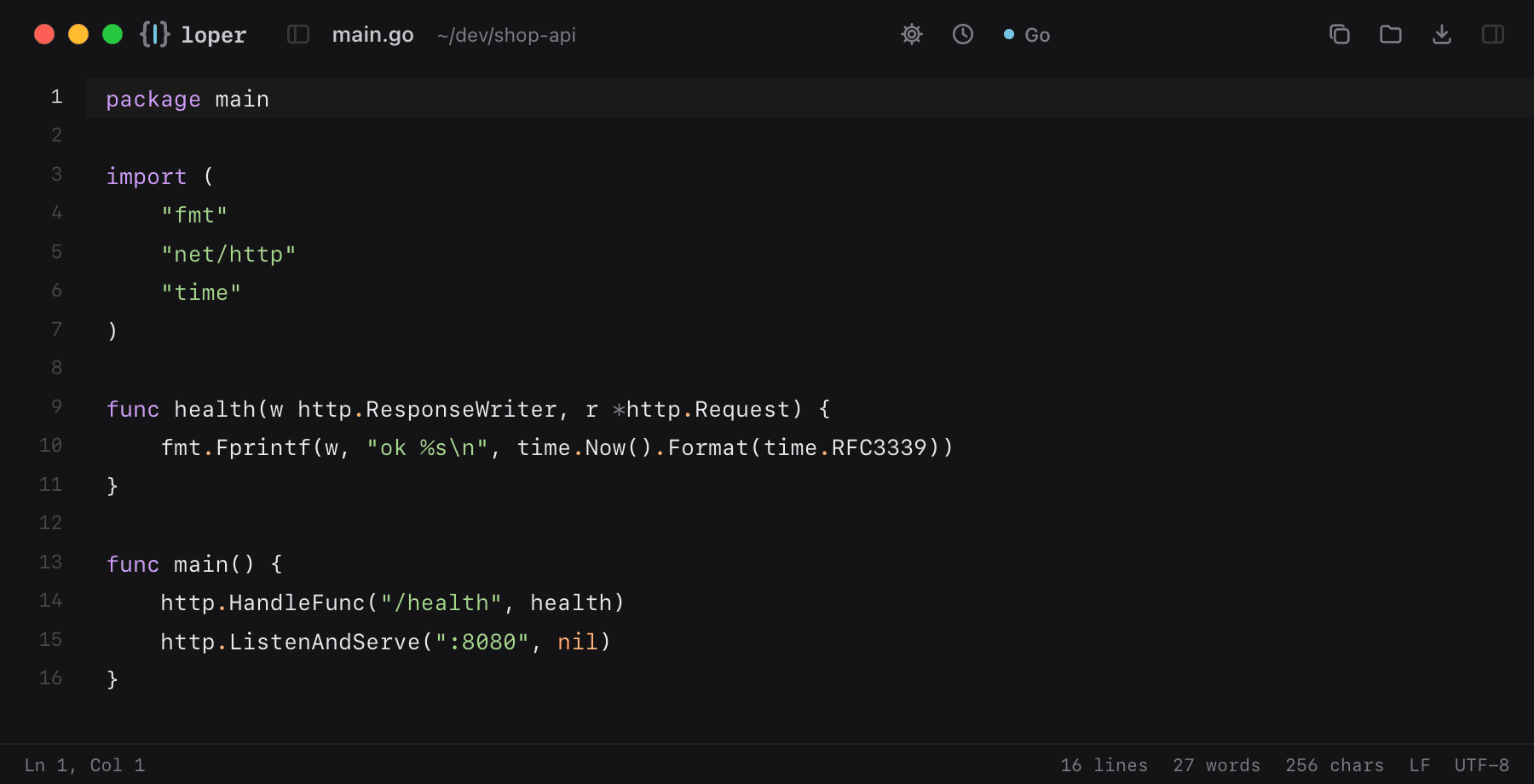 main.go opened in Loper: Go with color-coded Go