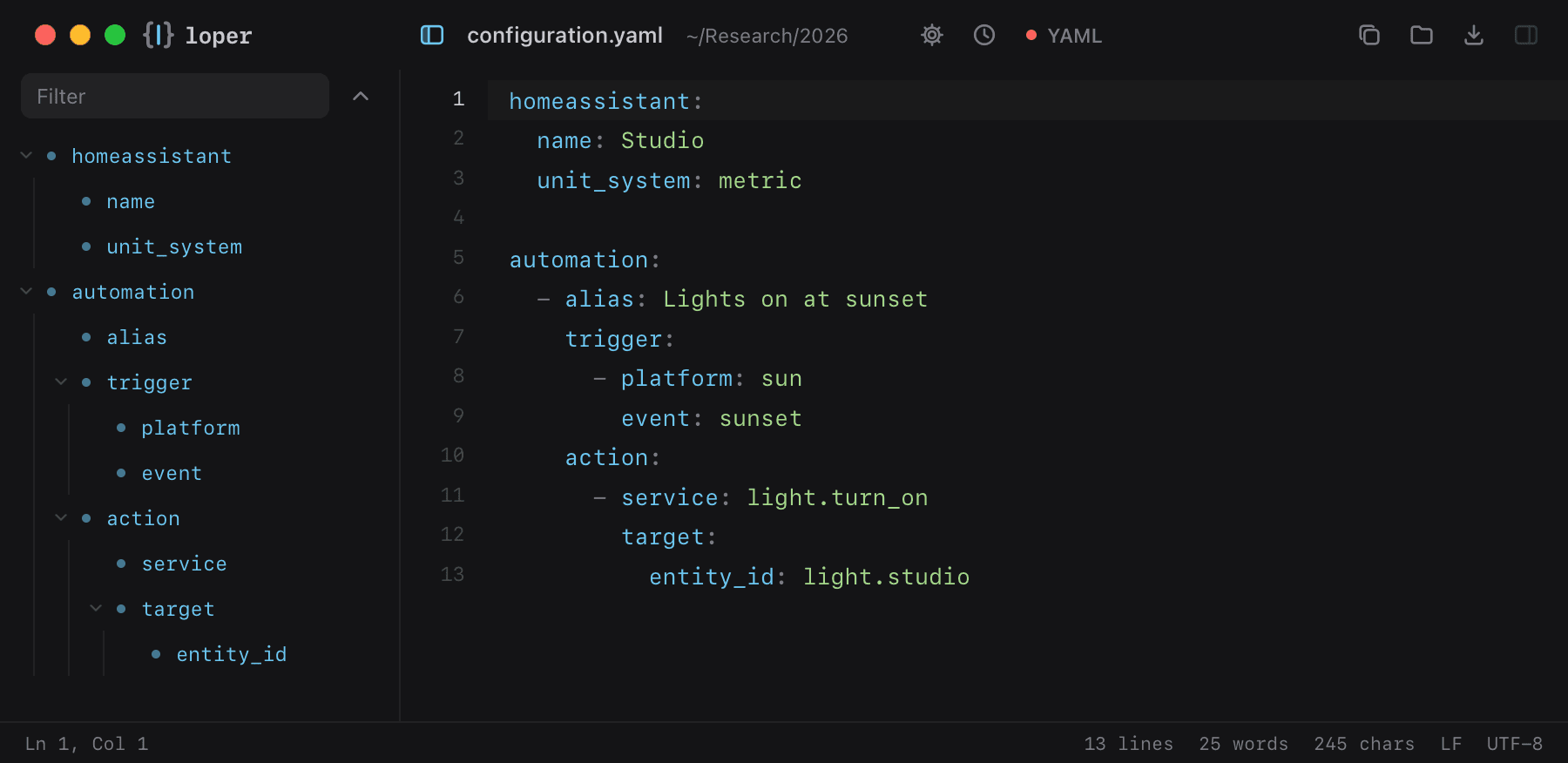 configuration.yaml opened in Loper: Home Assistant config with color-coded YAML