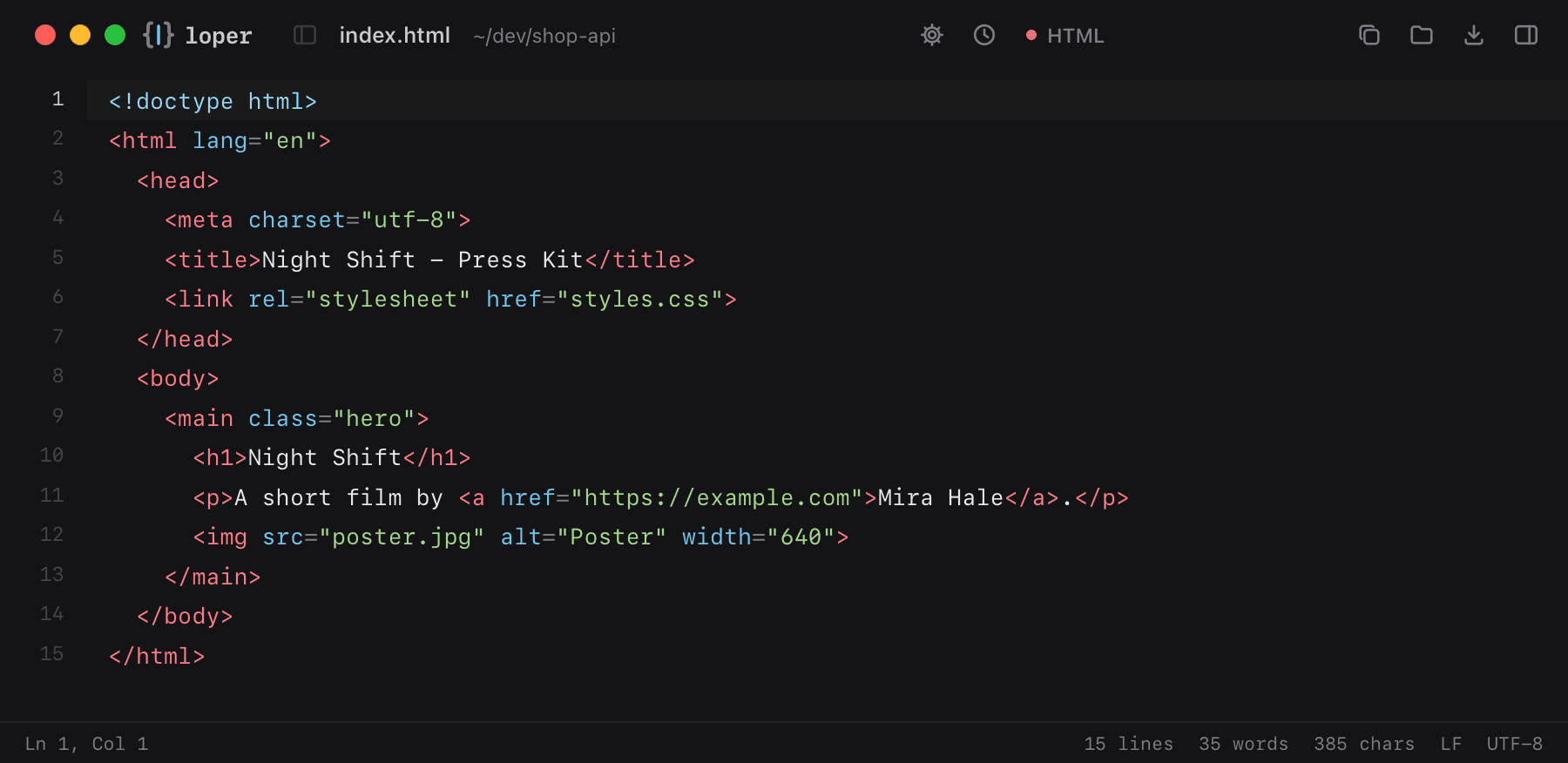 index.html opened in Loper: HTML with color-coded HTML