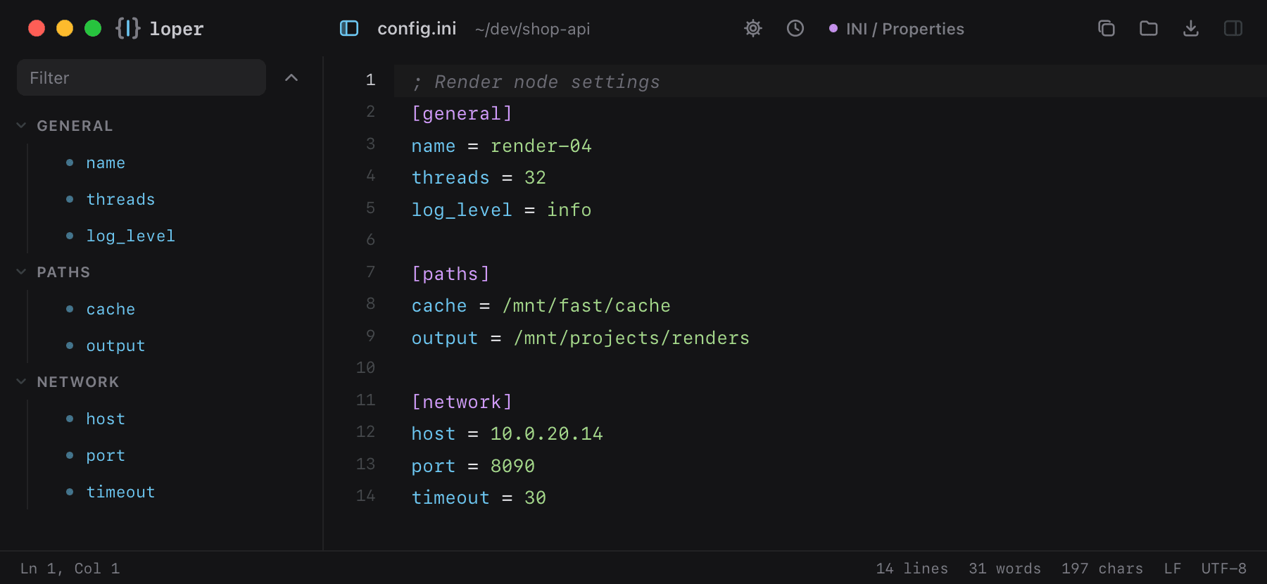 config.ini opened in Loper: INI configuration with color-coded INI / Properties