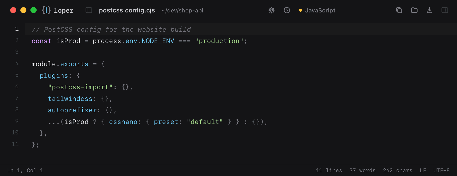postcss.config.cjs opened in Loper: JavaScript with color-coded JavaScript