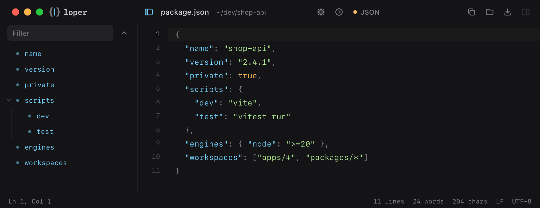 package.json opened in Loper: JSON with color-coded JSON