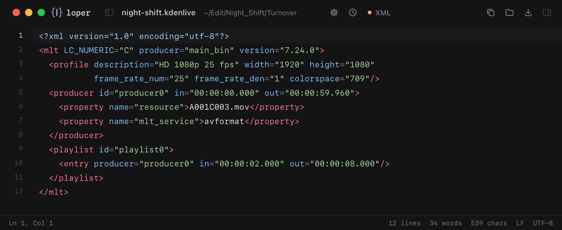 night-shift.kdenlive opened in Loper: Kdenlive / Shotcut project (MLT) with color-coded XML