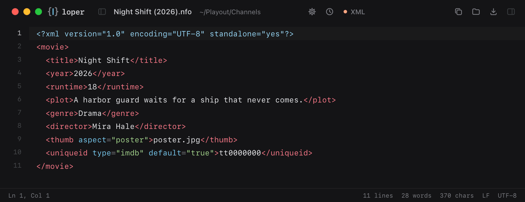 Night Shift (2026).nfo opened in Loper: Kodi / Jellyfin .nfo with color-coded XML