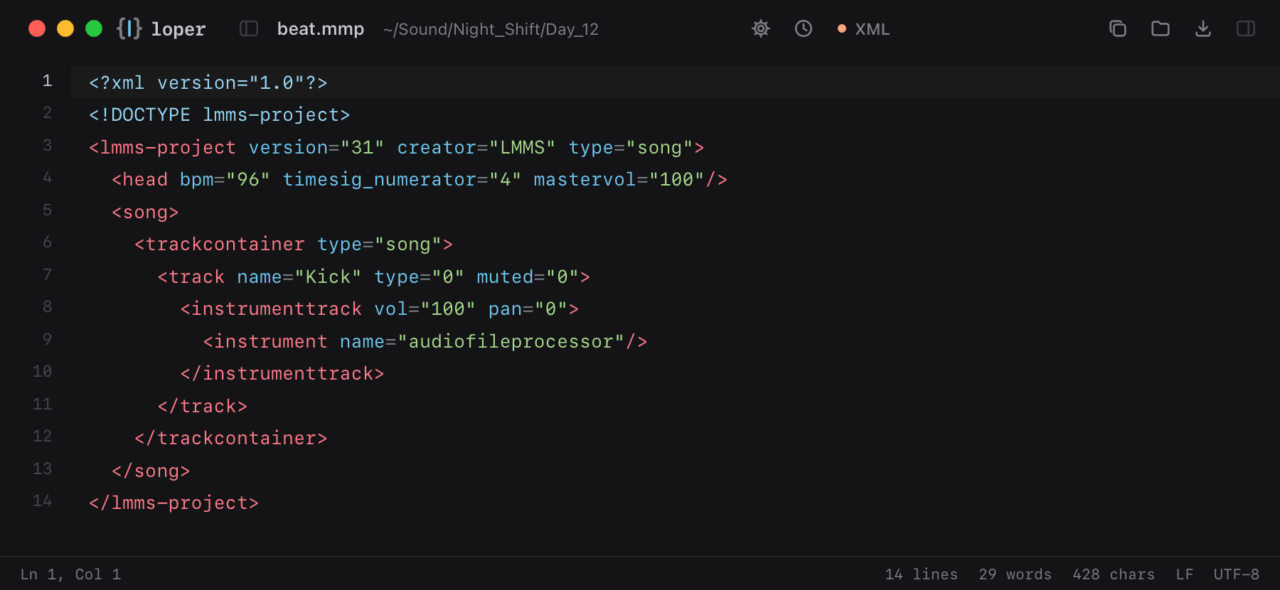 beat.mmp opened in Loper: LMMS project (.mmp) with color-coded XML