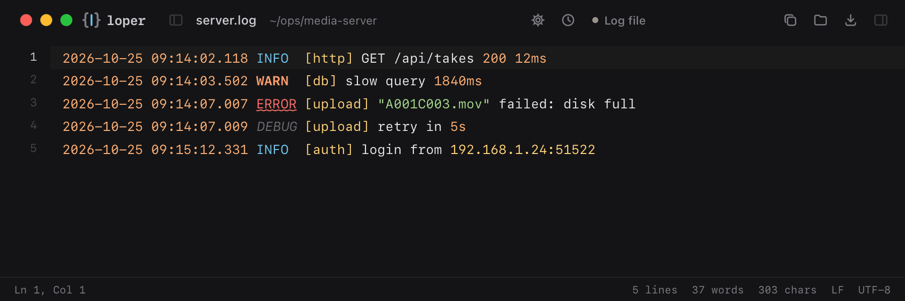 server.log opened in Loper: Log files with color-coded Log file