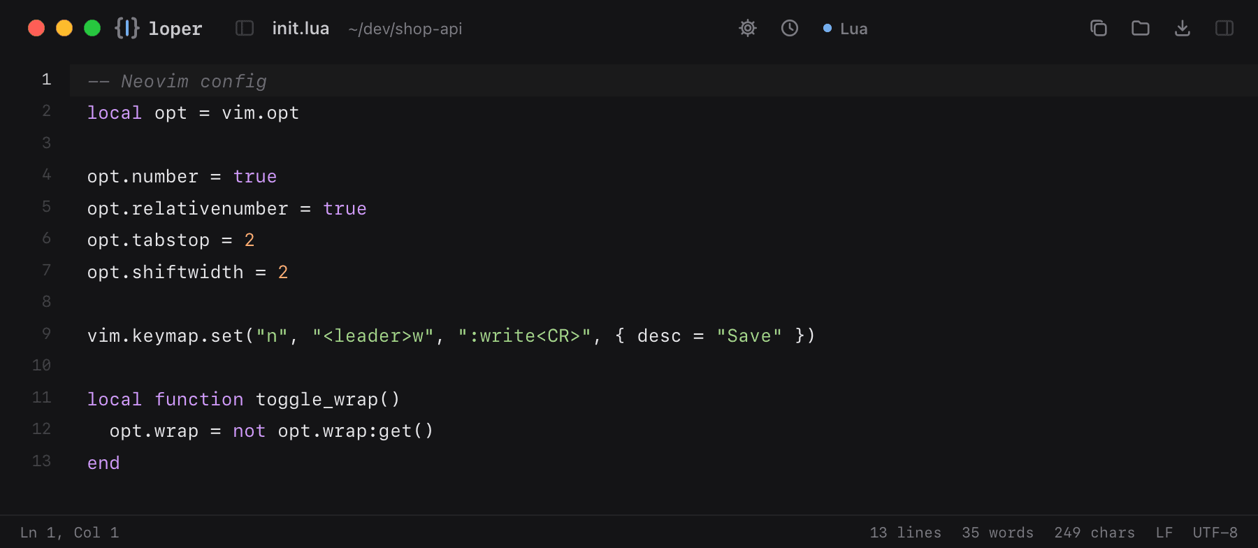 init.lua opened in Loper: Lua with color-coded Lua