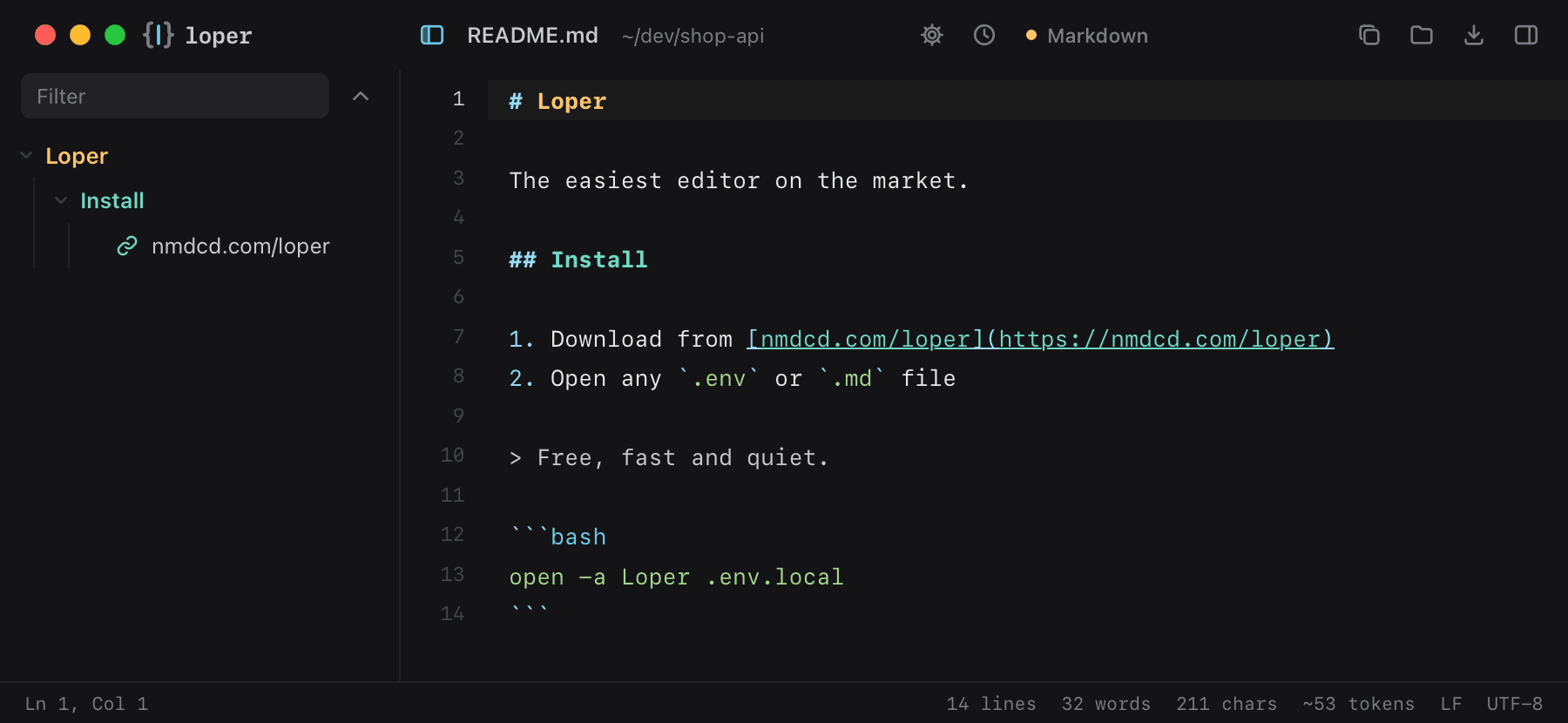 README.md opened in Loper: Markdown with color-coded Markdown