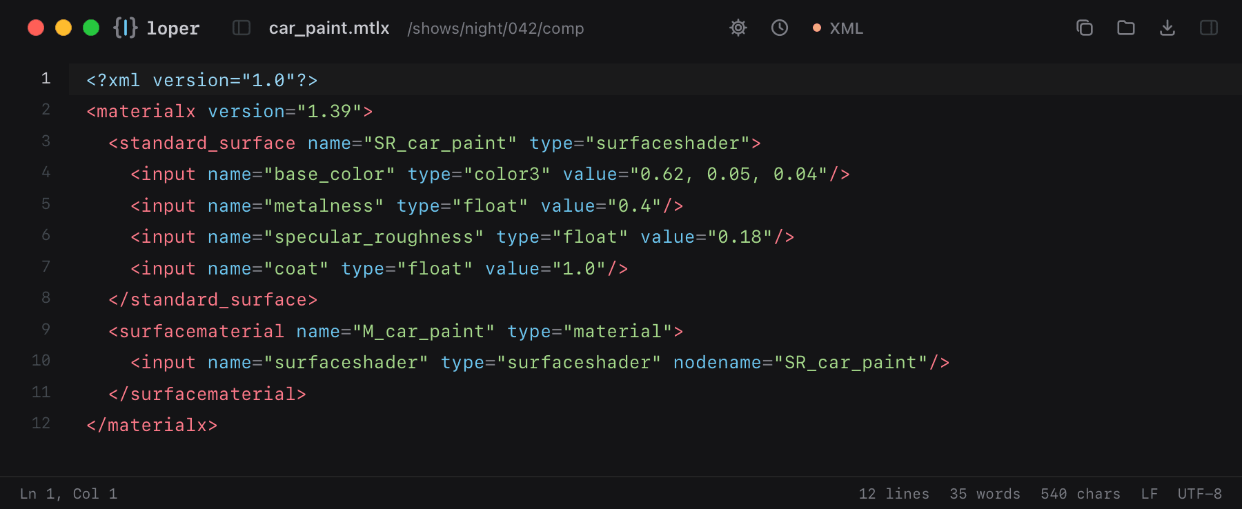 car_paint.mtlx opened in Loper: MaterialX (.mtlx) with color-coded XML