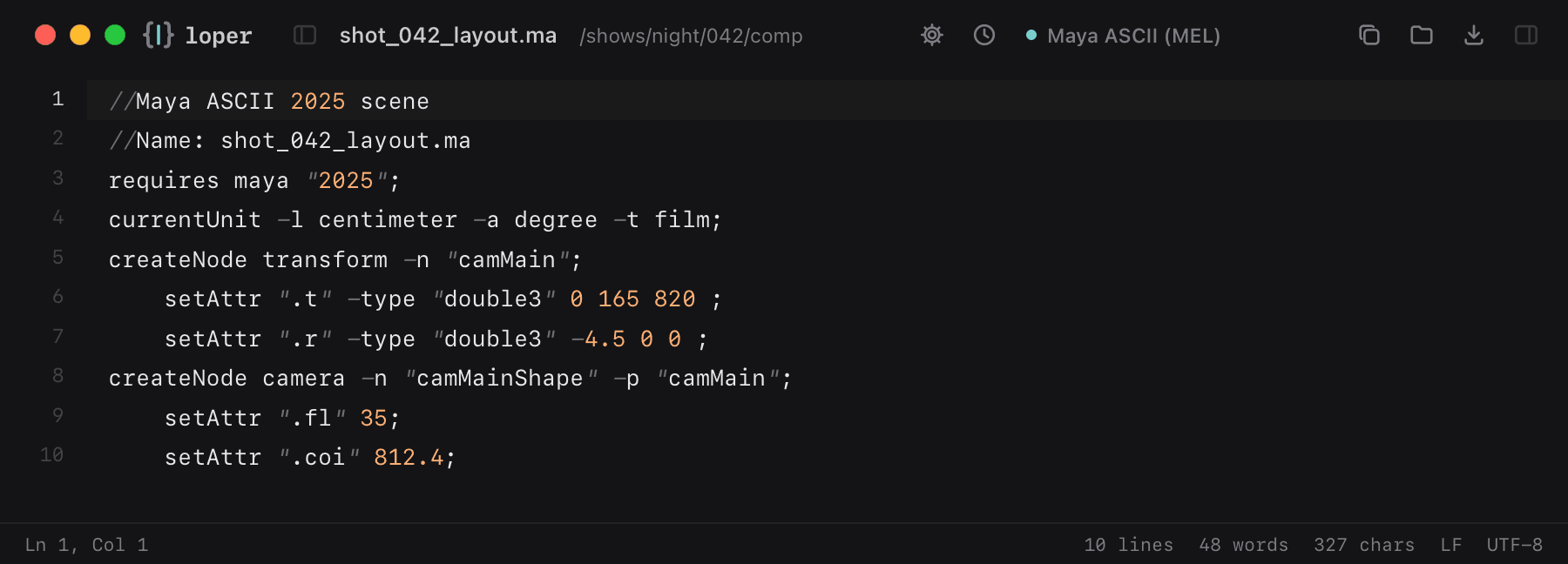 shot_042_layout.ma opened in Loper: Maya ASCII scene (.ma) with color-coded Maya ASCII (MEL)