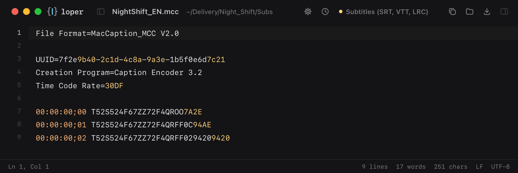 NightShift_EN.mcc opened in Loper: MacCaption closed captions (.mcc) with color-coded Subtitles (SRT, VTT, LRC)