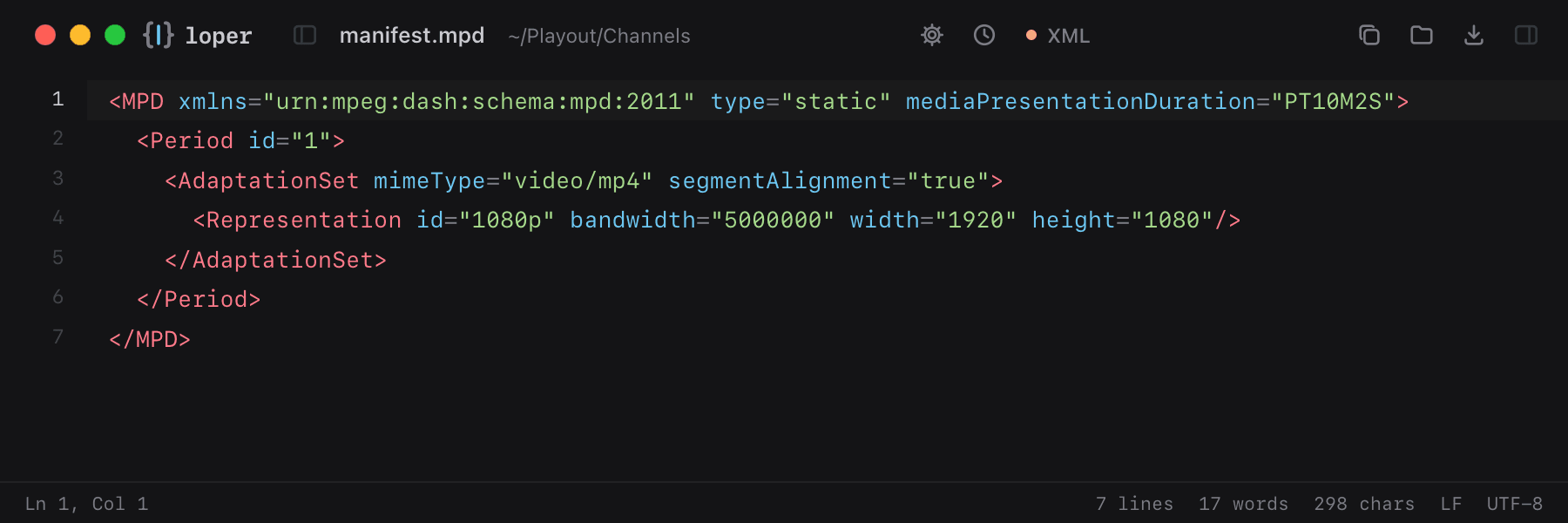 manifest.mpd opened in Loper: MPEG-DASH manifest with color-coded XML