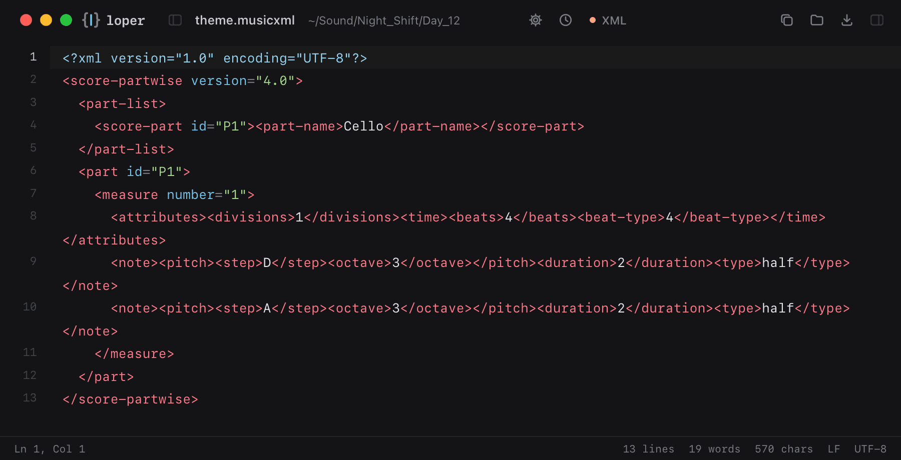 theme.musicxml opened in Loper: MusicXML score with color-coded XML