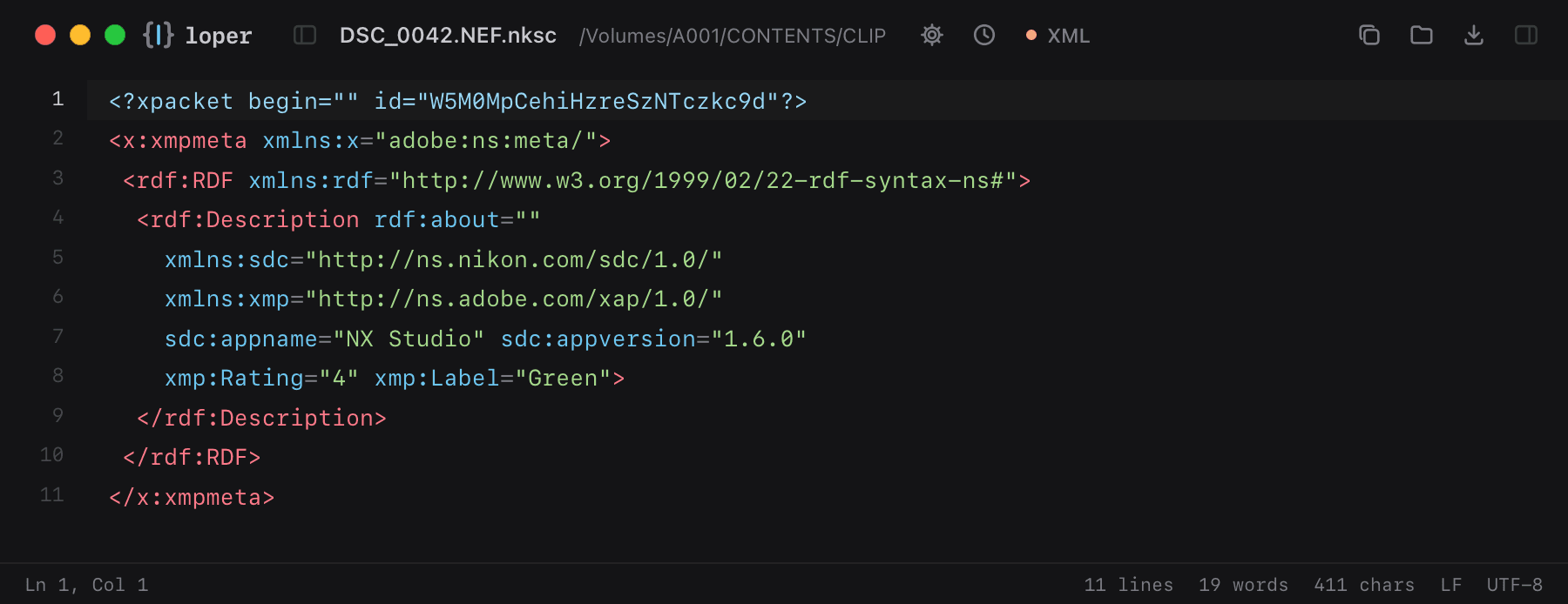 DSC_0042.NEF.nksc opened in Loper: Nikon NX Studio sidecar (.nksc) with color-coded XML