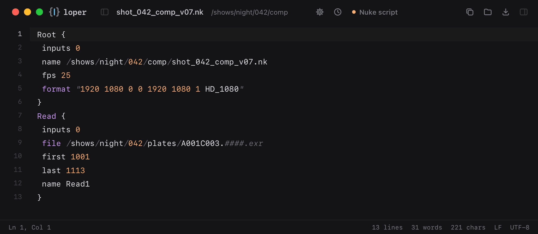 shot_042_comp_v07.nk opened in Loper: Nuke scripts with color-coded Nuke script