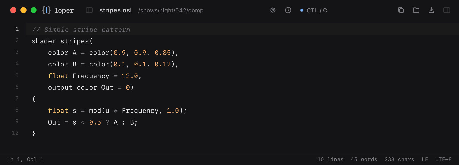 stripes.osl opened in Loper: Open Shading Language (.osl) with color-coded CTL / C