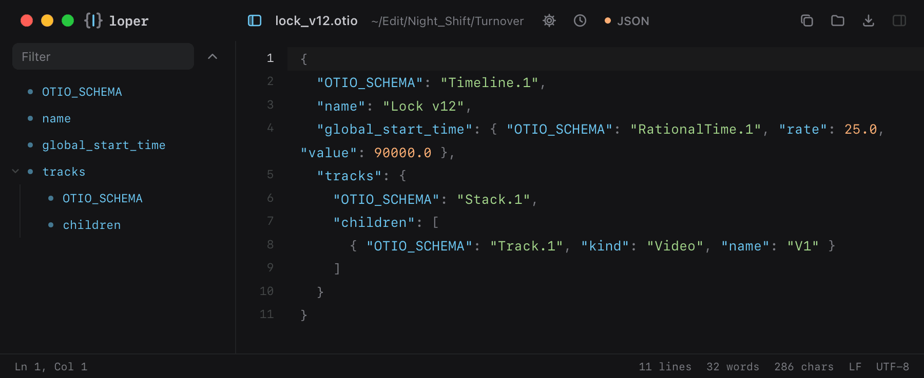 lock_v12.otio opened in Loper: OpenTimelineIO with color-coded JSON