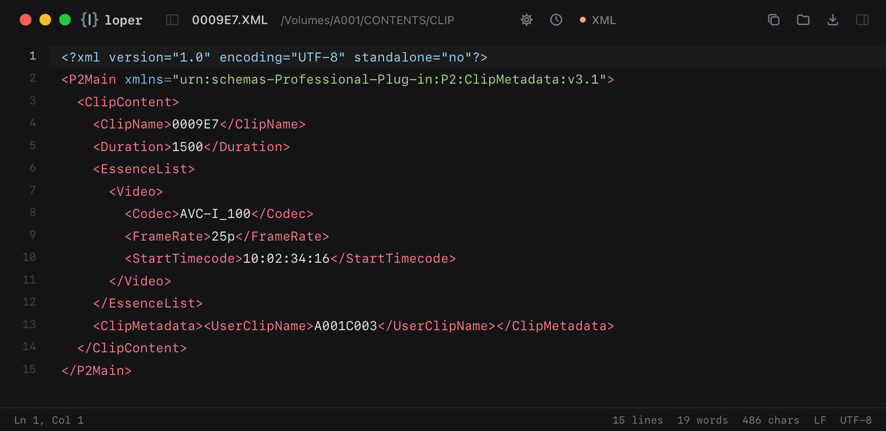 0009E7.XML opened in Loper: Panasonic P2 clip metadata with color-coded XML