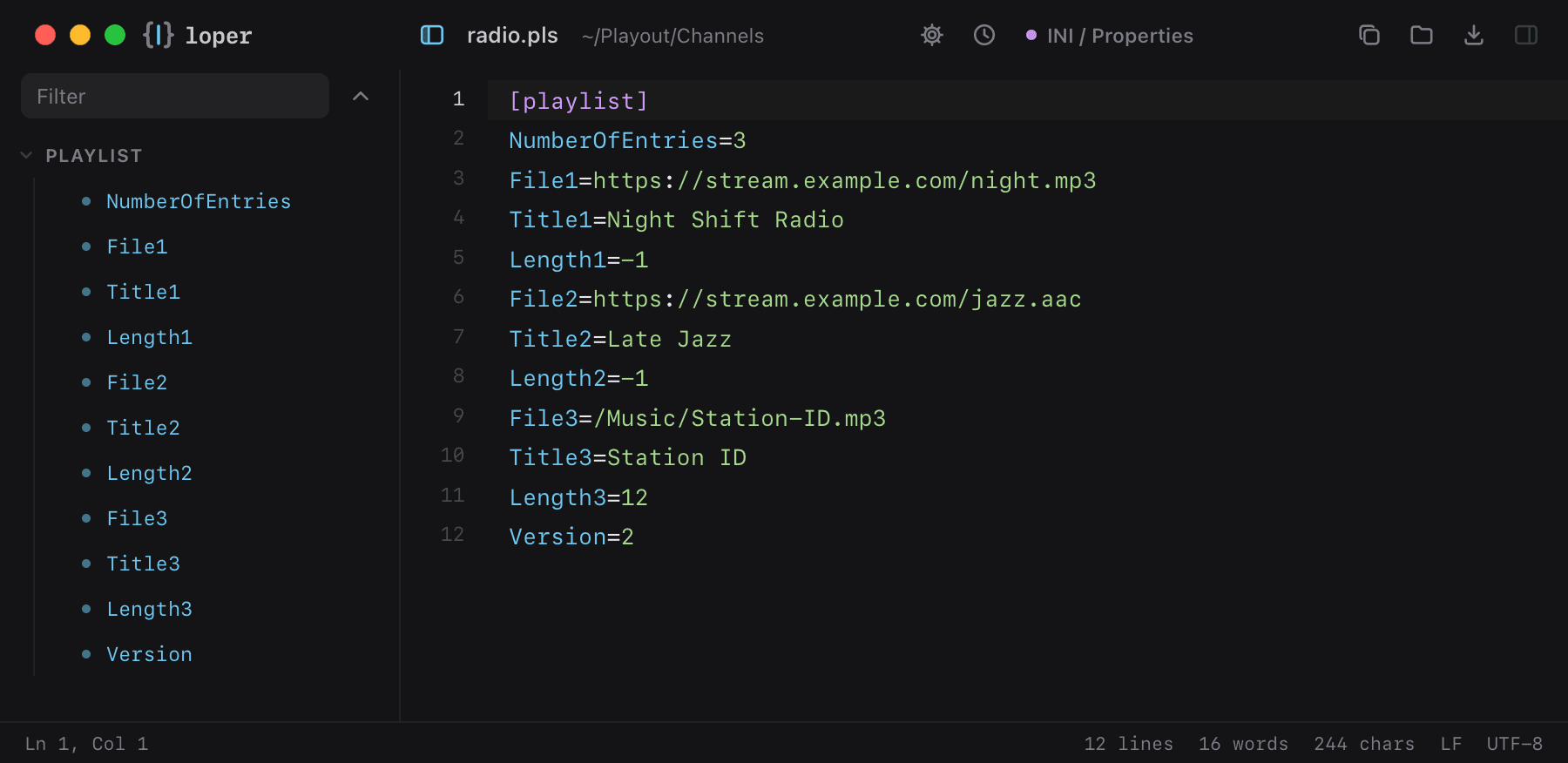 radio.pls opened in Loper: PLS playlist with color-coded INI / Properties