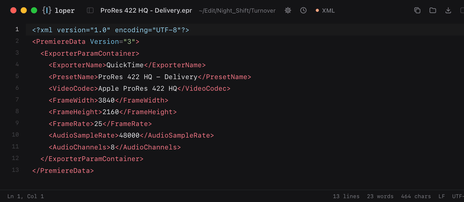 ProRes 422 HQ - Delivery.epr opened in Loper: Adobe export preset (.epr) with color-coded XML