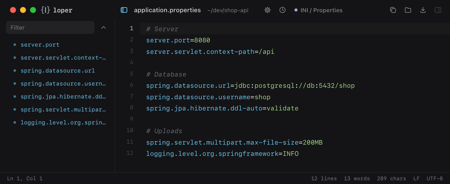 application.properties opened in Loper: Java properties with color-coded INI / Properties