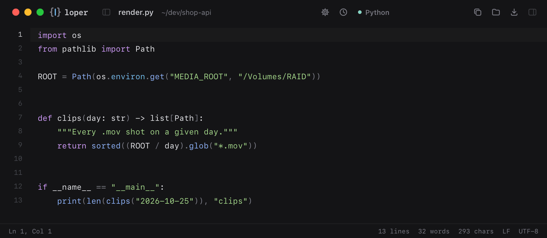 render.py opened in Loper: Python with color-coded Python