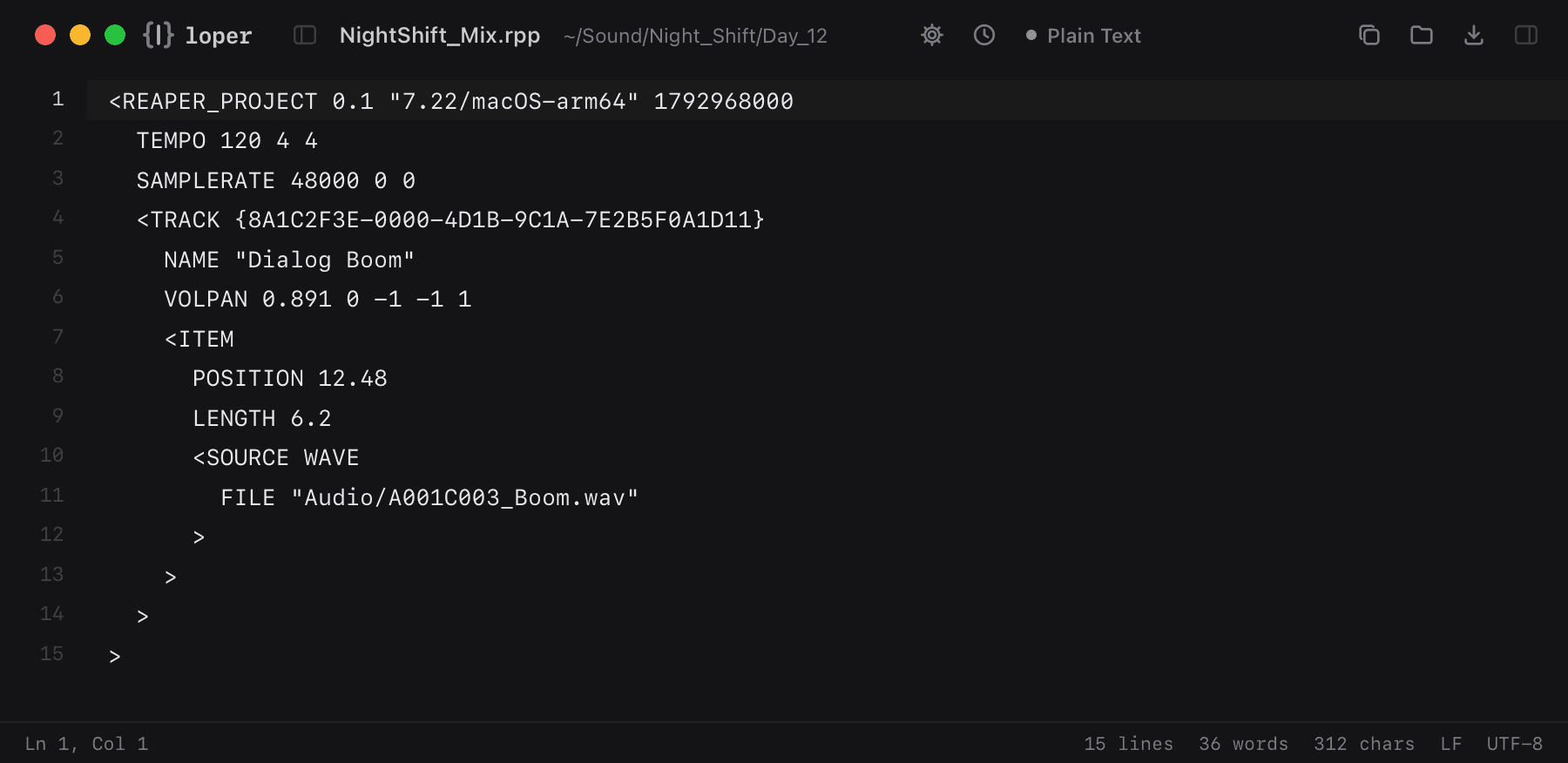 NightShift_Mix.rpp opened in Loper: REAPER project (.rpp) with color-coded Plain Text