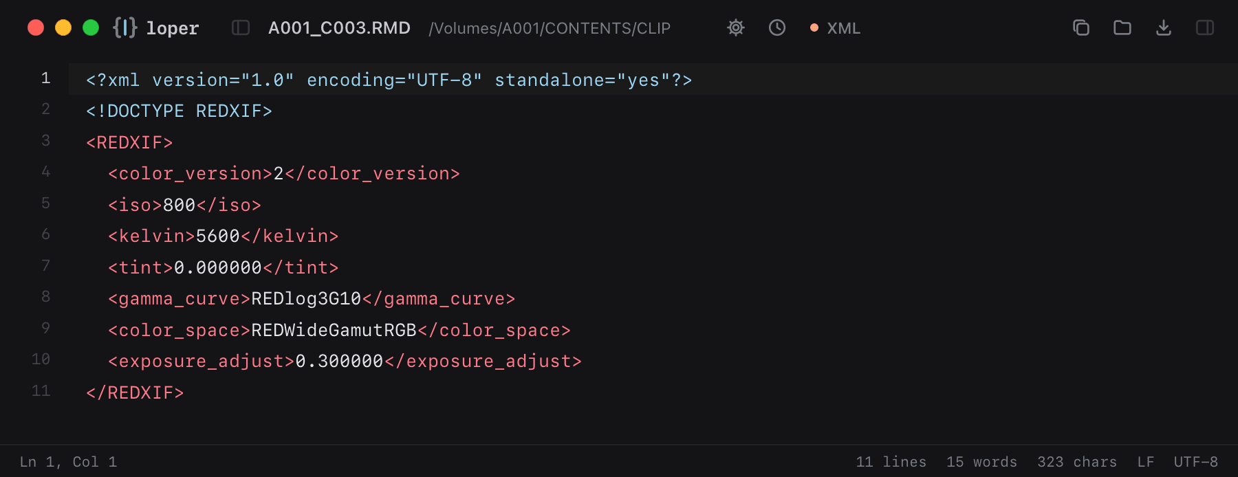 A001_C003.RMD opened in Loper: RED metadata sidecar (.RMD) with color-coded XML